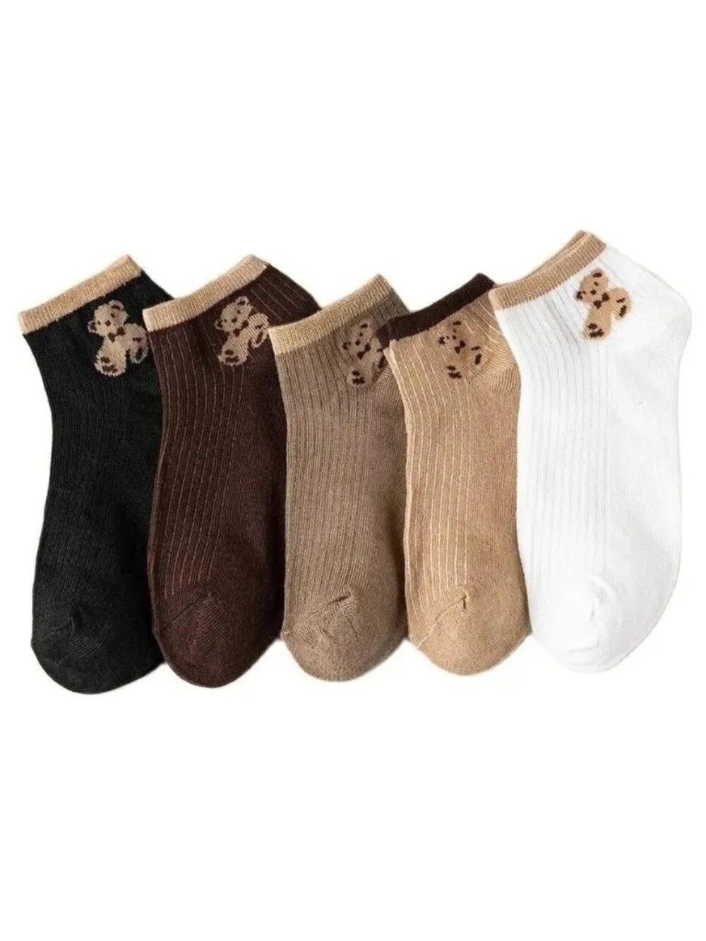 5-Pack Women's Cute Cartoon Teddy Bear Low Cut Ankle Socks Brown Set